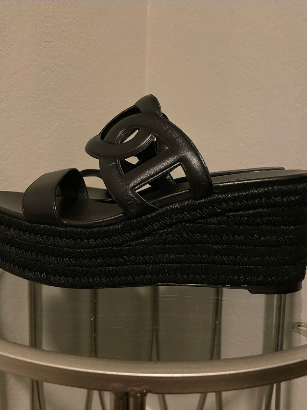 Hermes Black Leather Platform Wedge Sandals Looks brand new!!